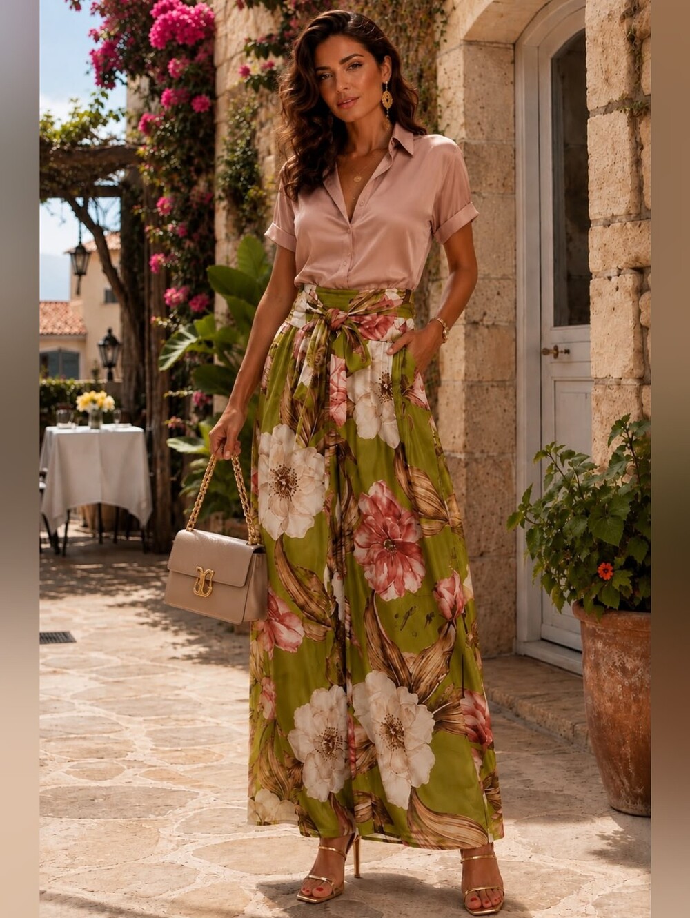 EL 23 Made In Italy Palazzo Front Bow Satin Floral Wide-Leg Pants